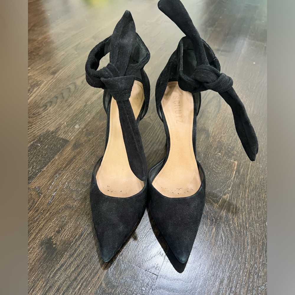 Schutz Suede Black Pump with tie knot Ankle Strap